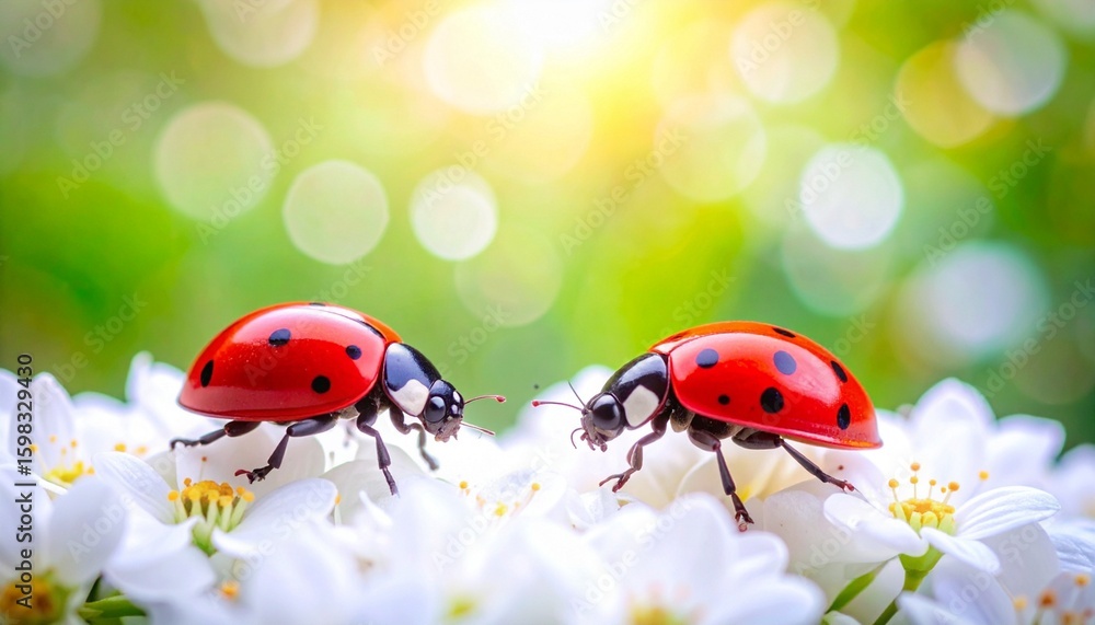 Fototapeta premium macro photo shot of a pair of ladybugs on white flowers against a yellow and green background
