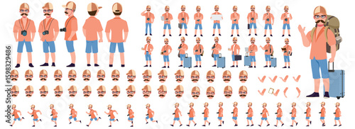 Traveler character model sheet, Character poses, expressions, Walk cycle, Run cycle animated character sequences.