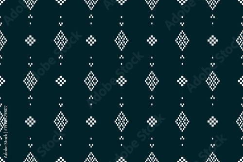 A seamless pixel art pattern inspired by traditional ethnic textiles. Featuring geometric motifs and intricate symmetrical designs, perfect for fashion, fabric prints, digital backgrounds, and decorat