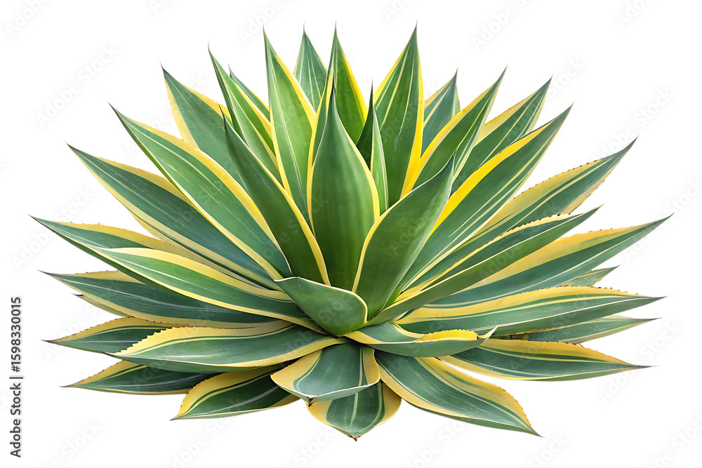 Fototapeta premium Striking variegated agave plant with green and yellow leaves isolated on transparent background