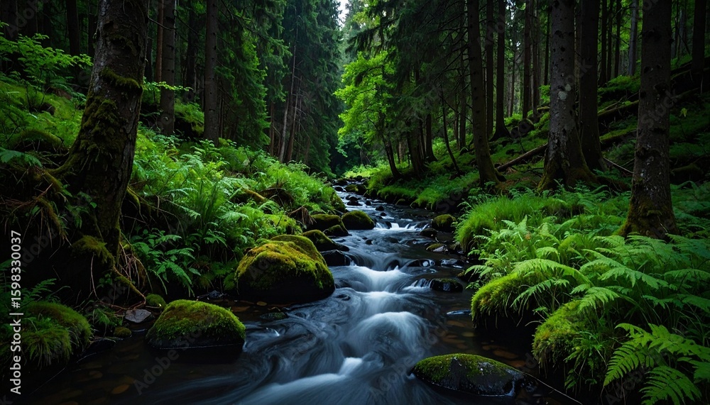 Fototapeta premium Río de aguas oscuras que fluye a través de un exuberante bosque verde