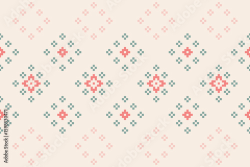 A seamless pixel art pattern inspired by traditional ethnic textiles. Featuring geometric motifs and intricate symmetrical designs, perfect for fashion, fabric prints, digital backgrounds, and decorat