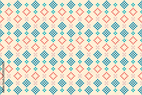 A seamless pixel art pattern inspired by traditional ethnic textiles. Featuring geometric motifs and intricate symmetrical designs, perfect for fashion, fabric prints, digital backgrounds, and decorat