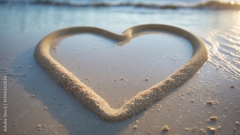 Fototapeta premium Sand heart shape on the beach during sunset. Romantic and love concept with natural elements. The image of affection and connection. The theme of love and nature.