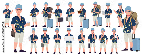 Traveler character model sheet, Character poses, expressions, Walk cycle, Run cycle animated character sequences.