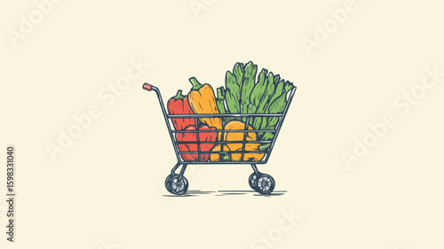 Fresh Vegetables in Full Supermarket Trolley Engraving Illustration