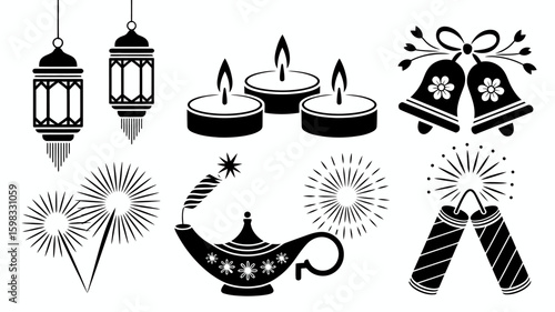 Festive Celebration Elements Silhouette Design Featuring Lanterns Candles Bells Magic Lamp and Fireworks Ideal for Holiday Themes and Event Invitations