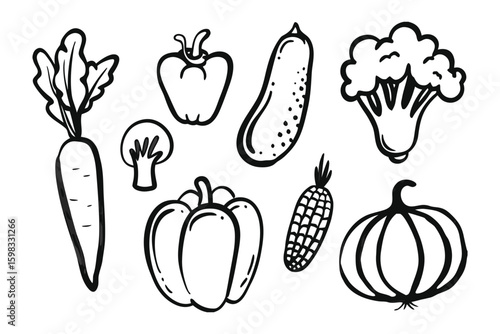 Fresh Veggie Selection: A collection of hand-drawn, monochrome vegetables with clean lines and a playful design, offering a visual feast for healthy eating and natural food concepts.