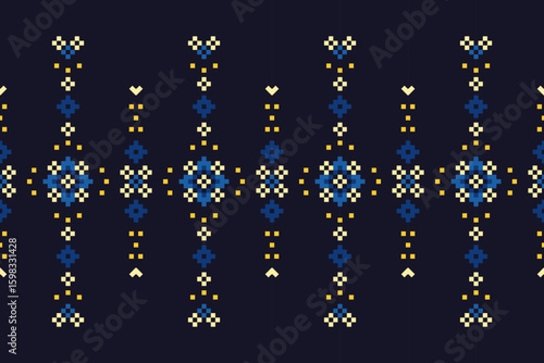 A seamless pixel art pattern inspired by traditional ethnic textiles. Featuring geometric motifs and intricate symmetrical designs, perfect for fashion, fabric prints, digital backgrounds, and decorat