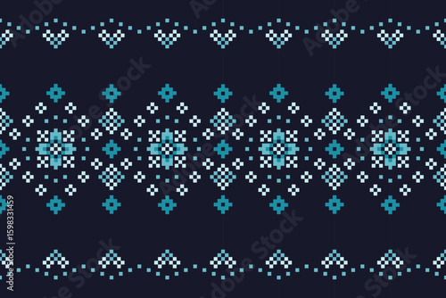 A seamless pixel art pattern inspired by traditional ethnic textiles. Featuring geometric motifs and intricate symmetrical designs, perfect for fashion, fabric prints, digital backgrounds, and decorat