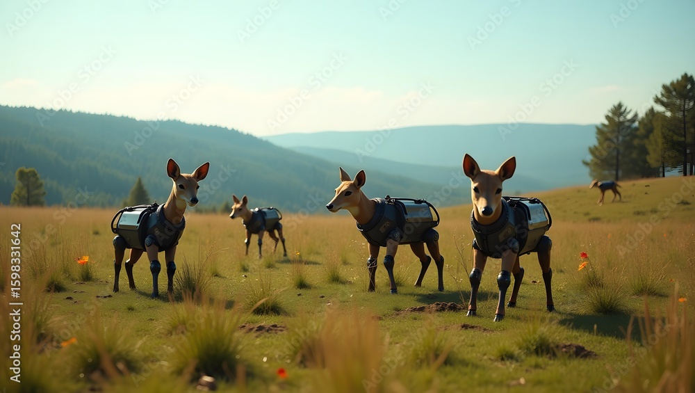 Obraz premium Robotic deer with advanced technology suits explore a grassy hillside under a clear sky.