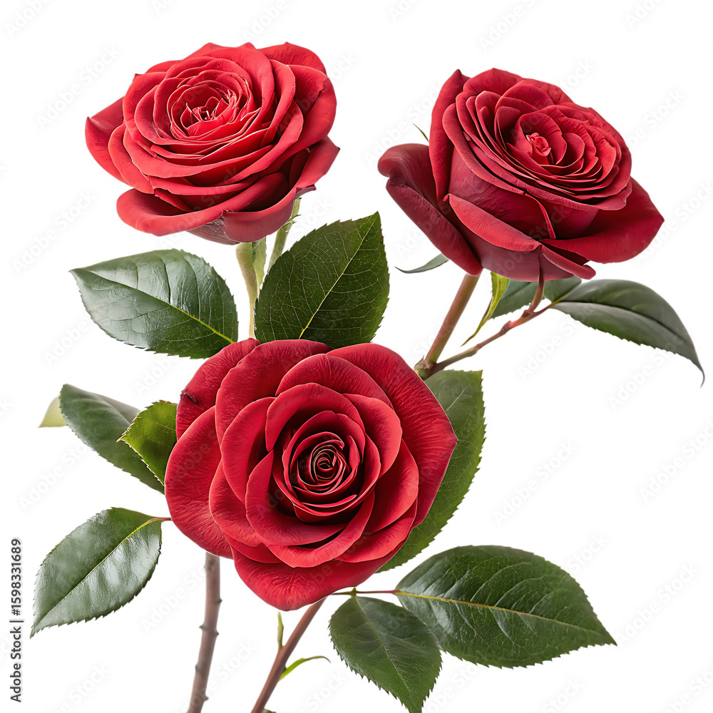 Naklejka premium Three lush red roses with green leaves isolated on transparent background