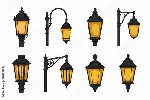 Collection of vintage street lamps vector illustration of different shapes and styles lighting up the night isolated on white background