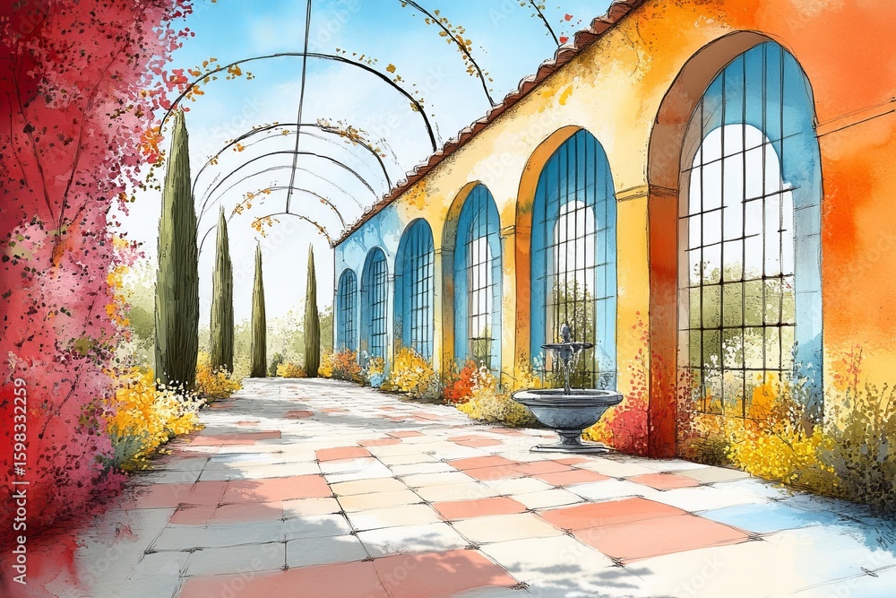 Fototapeta premium Village Houses Illustration Pastel Colour Drawing