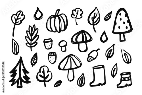 Autumn Doodle Delight: Artistic collection of hand-drawn autumnal elements, including leaves, pumpkins, mushrooms, boots, acorn, and rain drops. evoking the essence of fall.