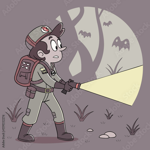 Cartoon ghost hunter in spooky forest with flashlight and bats – Halloween adventure illustration