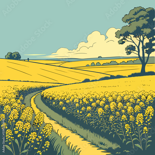 Vintage countryside landscape with yellow flower fields and dirt path – rural nature illustration