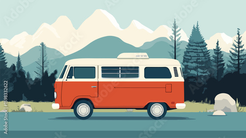 Retro Travel Van Simple Flat Vector Illustration