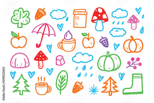 Autumnal Doodle Delight: A charming collection of hand-drawn, brightly colored doodles and icons captures the essence of autumn, evoking feelings of warmth, coziness.