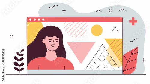 A young woman with dark hair smiles while engaging with digital art, surrounded by geometric shapes.