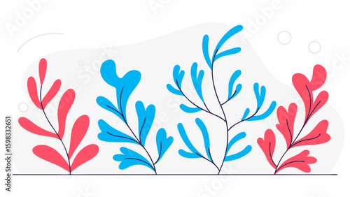 Colorful abstract plants in vibrant blue and red hues create a lively atmosphere.