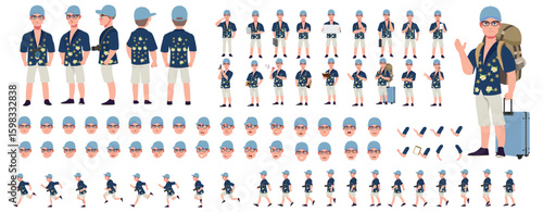 Traveler character model sheet, Character poses, expressions, Walk cycle, Run cycle animated character sequences.