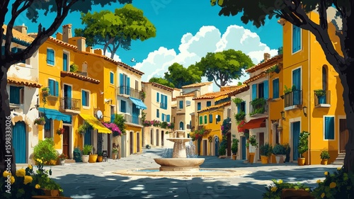 Village Fountain Illustration Watercolour Drawing