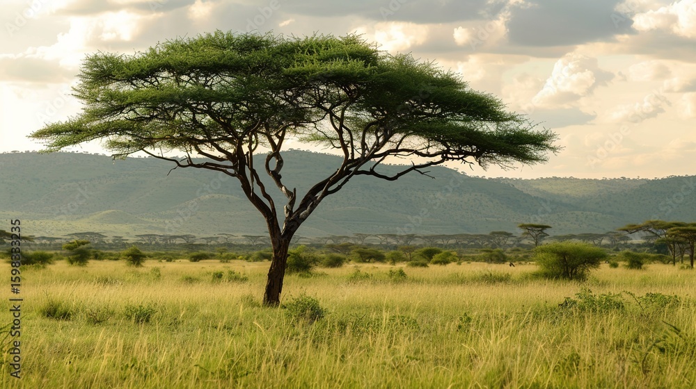 Obraz premium Majestic Acacia Tree Collection: Stunning Visuals of Thorny Branches, Fluffy Yellow Blooms, and Graceful Silhouettes Against Savanna Skies, Ideal for Wildlife Documentaries, African Safari Campaigns