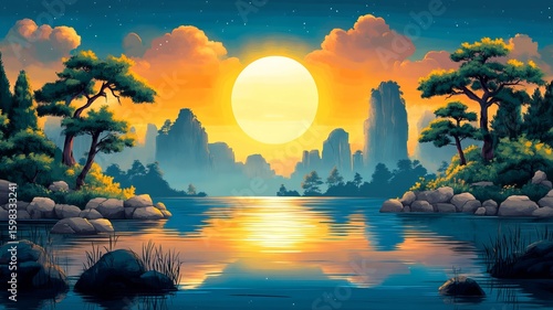 Sunset Nature Illustration Watercolour Drawing