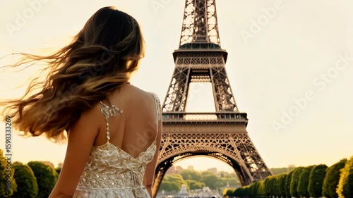 Charming Lady in Fashionable Dress Standing Before the Eiffel Tower
