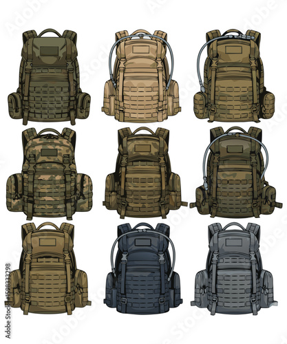 Nine Military Tactical Backpacks in Various Camouflage and Solid Colors