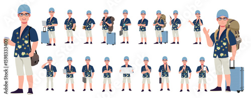 Traveler character model sheet, Character poses, expressions, Walk cycle, Run cycle animated character sequences.