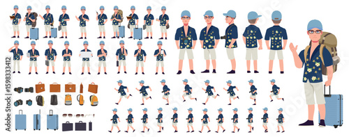 Traveler character model sheet, Character poses, expressions, Walk cycle, Run cycle animated character sequences.