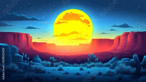 Canyon Sunset Illustration Watercolour Drawing