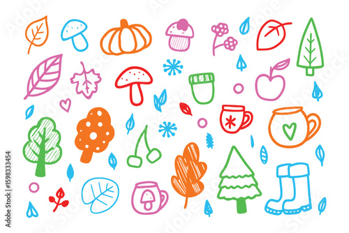 Hand-Drawn Autumn Icons: A vibrant array of colorful autumn-themed icons, meticulously hand-drawn and exuding the warmth and charm of the season.