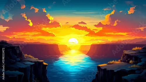 Canyon Sunset Illustration Watercolour Drawing