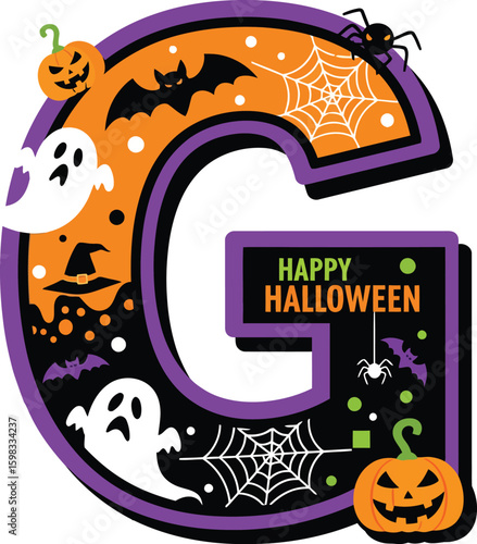 Cute Halloween Themed Letter "G" with Spiders, Jack-o'-Lanterns, and Ghosts - Holiday Design Element