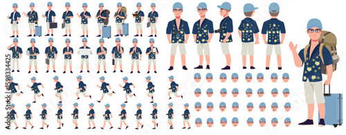 Traveler character model sheet, Character poses, expressions, Walk cycle, Run cycle animated character sequences.