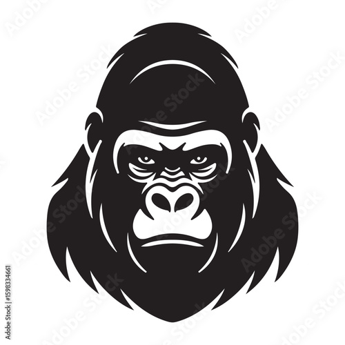 Bold gorilla head silhouette vector illustration in black and white, powerful animal mascot design