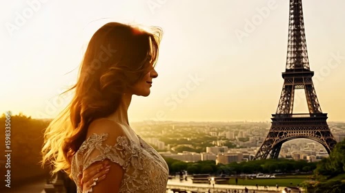 Glamorous Woman in Designer Dress Enjoying Paris View with Eiffel Tower
