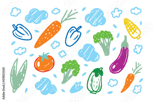Fresh from the Garden: A vibrant array of colorful vegetables and fruits, drawn with playful strokes and set against a backdrop of whimsical clouds, celebrate nature's bounty and healthy eating. 
