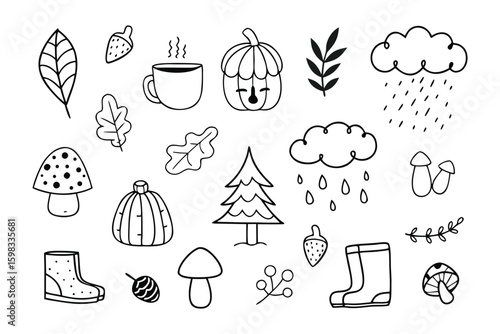 Autumnal Sketchbook: An illustrated ensemble of autumnal elements, meticulously crafted to evoke warmth, and seasonal charm in a monochromatic style.