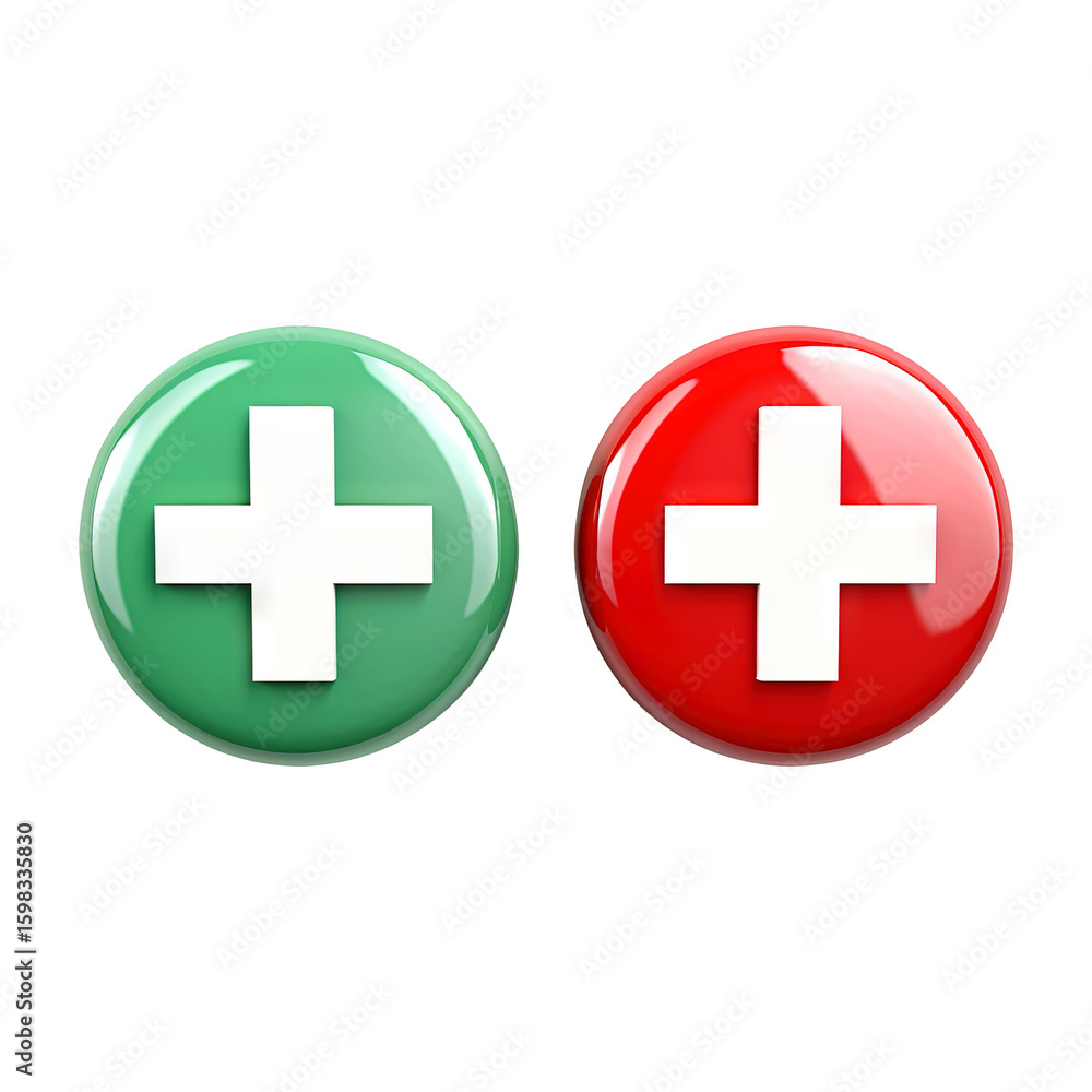 Glossy green and red plus sign buttons 3D icons isolated on transparent white background, clipping path Glossy green and red plus sign buttons 3D icons isolated on transparent white background, clipping path
