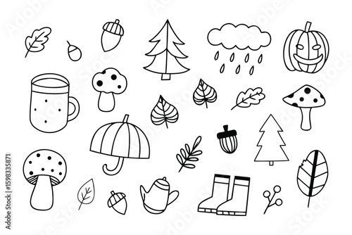 Autumn Elements Doodle: A charming collection of hand-drawn autumnal elements, evoking the cozy spirit of the season. Perfect for fall-themed designs, celebrating the beauty of nature.