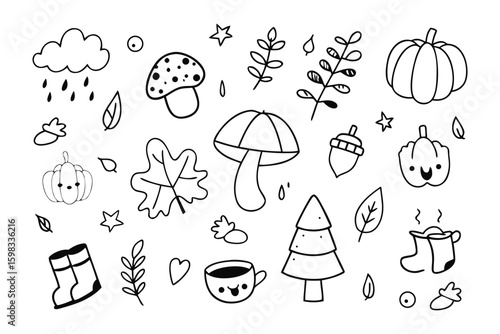 Autumn Doodles: A collection of whimsical autumnal elements, featuring charming illustrations of pumpkins, mushrooms, leaves, and other seasonal motifs, perfect for adding a touch of cozy charm.