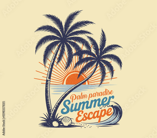 Palm paradise escape. sunshine beach, summer beach sunshine vector print design artwork, typography slogan on palm trees background for summer fashion.  Palm beach club design. Summer vibes artwork.