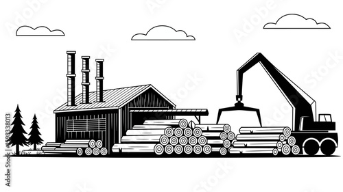 Lumber mill scene with stacked logs and crane vector illustration black and white minimalist landscape with trees and clouds