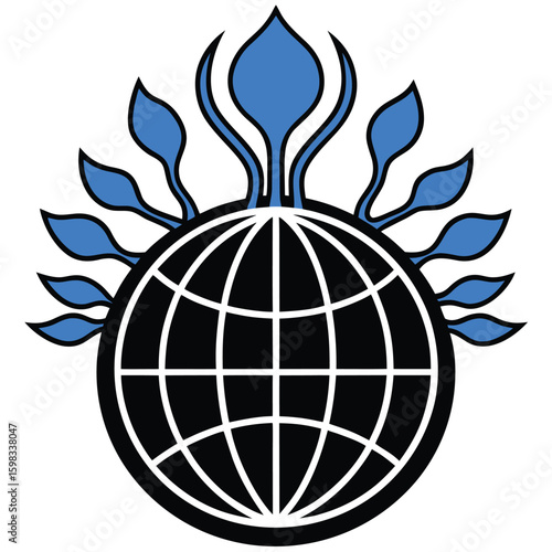 Black globe with stylized blue flame or leaf elements world earth