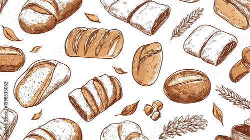 Sketchy White and Brown Bakery Bread Seamless Pattern Background