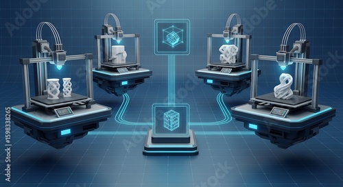 3D Printing Process: Networked Additive Manufacturing with Multiple Machines Creating Different Objects.